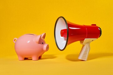 Red and white megaphone and piggy bank on yellow background, marketing investment concept