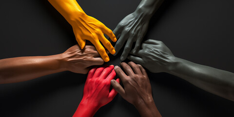 objects that symbolize unity and diversity, such as hands of different colors coming together сreated with Generative Ai - obrazy, fototapety, plakaty