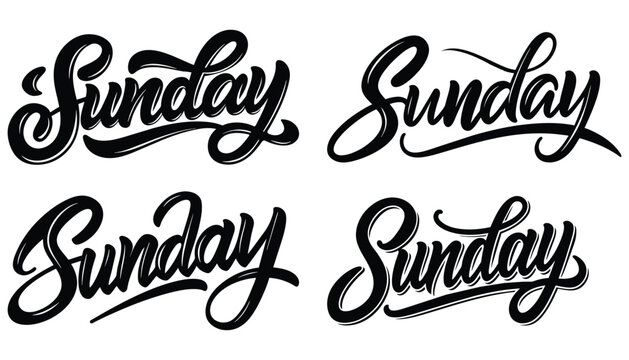  Sunday calligraphy inscription Collection set. Phrase for count of every Week. Ink black and white illustration. Modern brush calligraphy. Isolated on white background