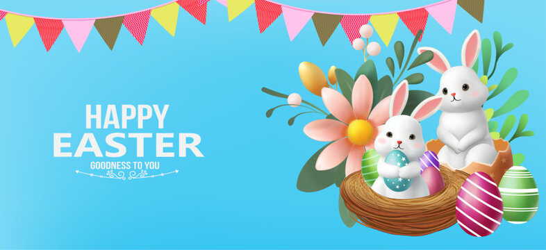 3D Vector Easter banner with rabbits and beautiful painted eggs on background.Greetings and presents for Easter Day Concept of Easter egg hunt or egg decorating art