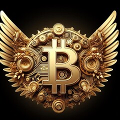 A luxurious golden Bitcoin emblem takes center stage, surrounded by intricate gears and mechanical wings. The artwork symbolizes the soaring aspirations and complex mechanics of cryptocurrency. AI