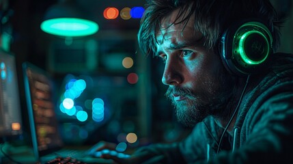 a man wearing headphones and looking away from the camera