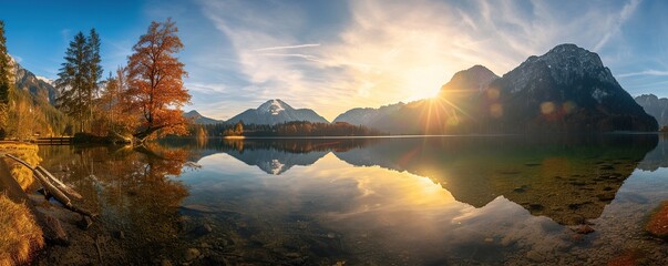 views of lakes and mountains at sunset in autumn