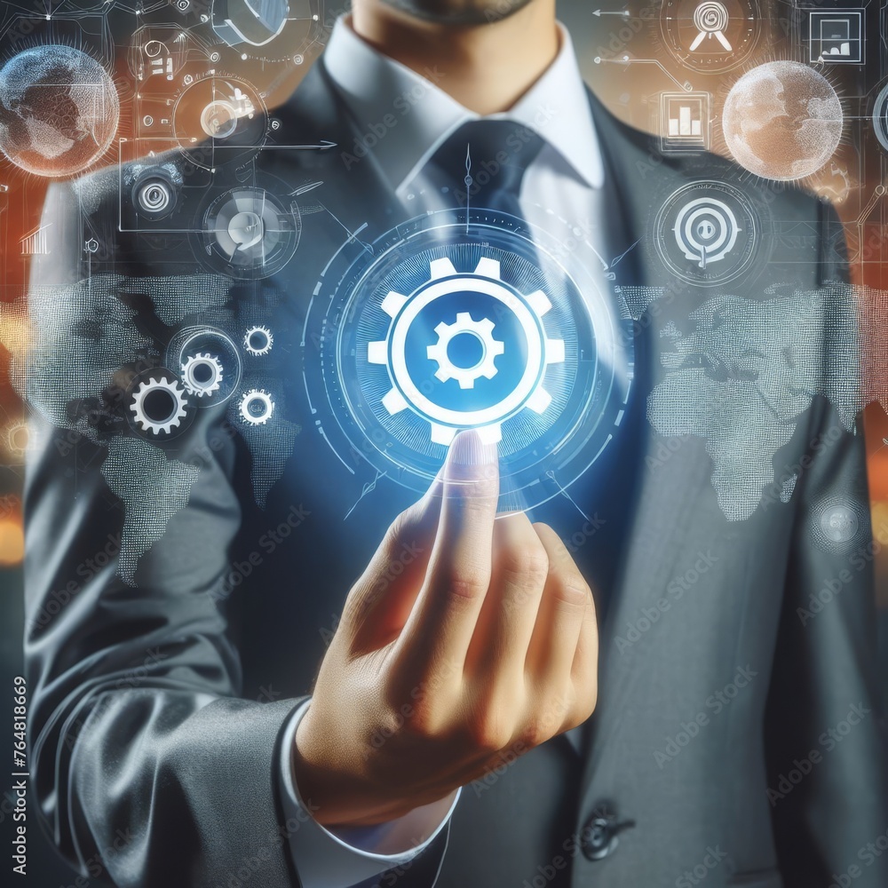 Poster a businessman interacts with a global network interface. symbolizing global connectivity and data ac
