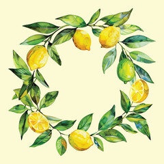 Vector watercolor Wreath Lemon. Hand-painted. Illustration for scrapbook, label, poster, print, menu