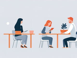 Business people sitting at table and working on laptop. Vector illustration.