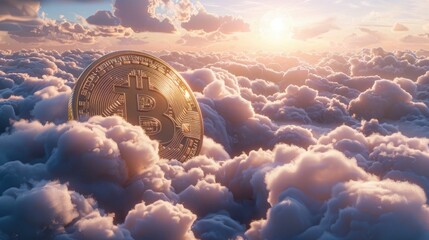 Bitcoin value increase, animated 3D coin soaring skyward amidst clouds