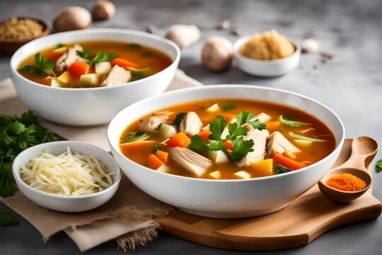 Homemade chicken vegetable soup in a white bowl