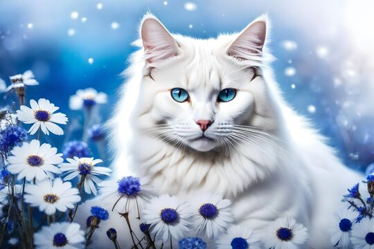 Portrait of a beautiful white cat with crystal eyes and snow like smooth furs