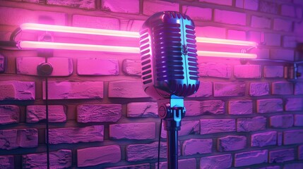 Microphone near brick wall with purple neon light
