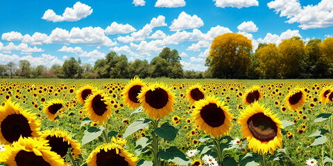 Captivating summer backdrop with a mix of sunflowers and daisies. Panorama
