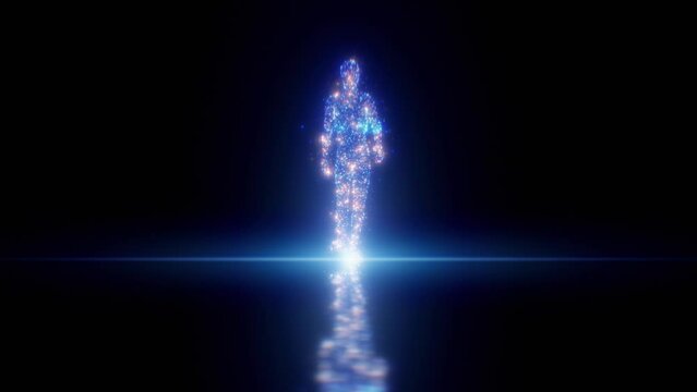 Digital Man Blue and Orange Color Dots Walking, Abstract Dark Cyber Space and Bright Light. Artificial Intelligence Beautiful Illustration. Neural Networks Avatar 3d Animation Technology Concept 4k.
