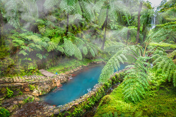 Discover the tranquil Caldeira Velha hot springs, nestled in Sao Miguel lush fern-covered hills, offering a serene retreat in the Azores. - obrazy, fototapety, plakaty