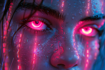 A beautiful woman in a futuristic neon style, perfect as an intro or preview for a music album	
 - obrazy, fototapety, plakaty