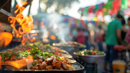 A bustling street food market scene with a focus on