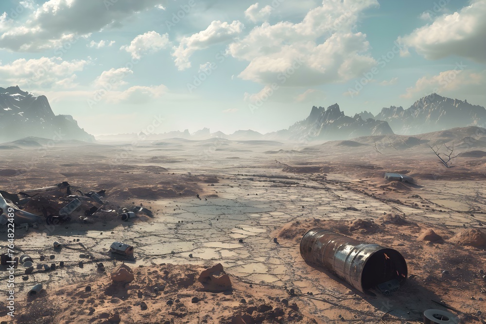 Poster 3d rendering of a postapocalyptic world after a cataclysmic event showing a barren wasteland devoid 