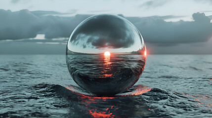sparkling metal, glass sphere rises above the water, shape of the globe, mirror, surrealistic, Reflects the sunset, dark tones, floating on the sea, infinite space