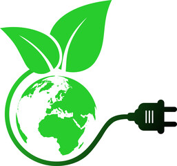 Green energy icon in the form of a wire with a plug socket and a leaf and planet Earth as a renewable energy concept