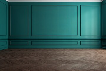 a floor in an empty room with the turquoise wall