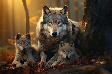 Family of wolf in the forest, Mammals, Wildlife Animals. Illustration, Generative AI.
