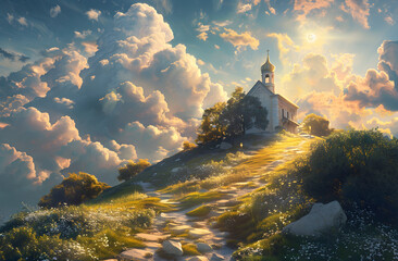 An illustration of a heavenly landscape with a church, pathway, and divine nature in the background. Perfect for religious events and holidays. - obrazy, fototapety, plakaty