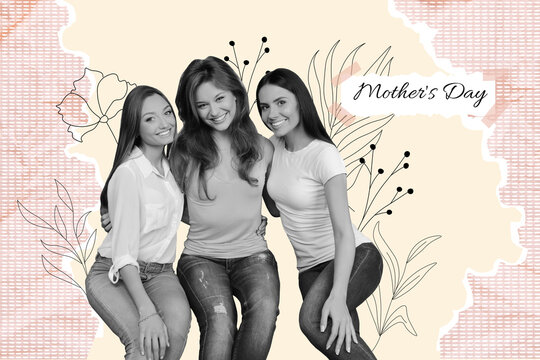 Creative abstract photo collage of adorable positive daughters congratulate they family on mothers day isolated on painted background