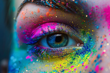 Primer plano de un ojo azul y parte de la cara de una mujer  pintada con con polvo holi de colores,...