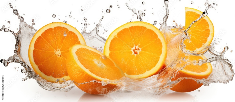 Poster oranges are falling into the water creating splashes around them