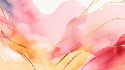 Abstract wavy curved shapes watercolor painting. Made of white, gold and pink paints