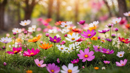 Colorful Asteraceae cosmos flowers in bloom, morning sunlight through trees and growing abundantly in green spring garden grass.  