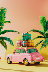 vintage pink car with suitcases, luggage on the  top