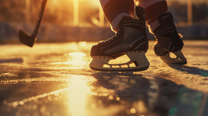 Obraz premium Hockey player on the ice in the rays of the setting sun. Hockey conept