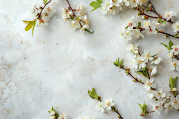 spring background for design with apples and flowers, copy space, flat lay