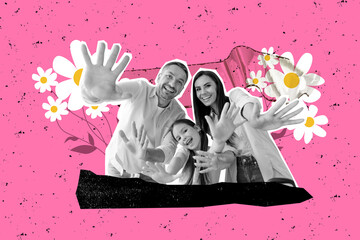 Composite photo collage of young happy family wave hand laugh chamomile flowers mother day...