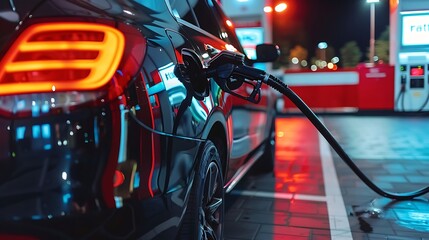 Efficient Modern Automobile Being Refueled with High-Quality Gasoline at a State-of-the-Art Gas Station, Embracing Sustainable Energy Practices and Technological Advancements - obrazy, fototapety, plakaty