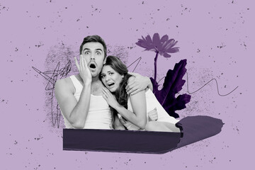 Composite photo collage of young shocked couple scared afraid open mouth embrace white singlet...