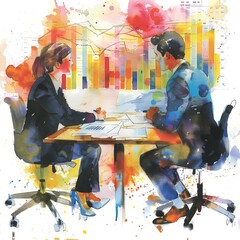 Business concept, office workers working on project using graphs , diagrams and numbers. Watercolor illustration created with AI.
