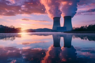 Nuclear power plant near the lake in the late afternoon - obrazy, fototapety, plakaty
