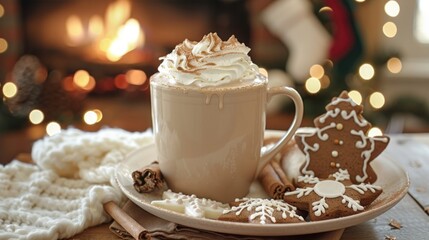 A cozy winter evening with a steaming mug of hot chocolate topped 