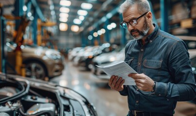 Mechanic reviewing paperwork in a stocked automotive workshop