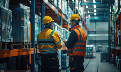 A group of industrial workers conversing in a warehouse environment