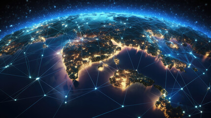 Asian telecommunication network connected over korea. Global network on earth from space, world finance connectivity, business trading, telecommunications