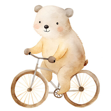  Watercolor illustration with cartoon funny white polar bear on bicycle. Isolated on transparent background. Perfect for card, postcard, tags, invitation, printing, wrapping