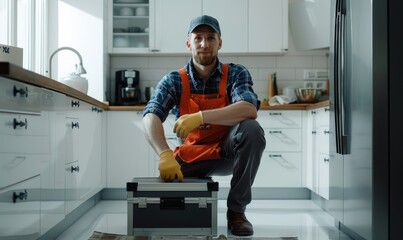Focused plumber with a toolbox ready to work on a home kitchen sink