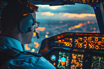 Pilot preparing for landing, city view in the background