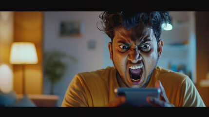 Angry Indian Guy Staring at Smartphone Screen with Frustration, Reacting to Bank Notification, Experiencing Scam, Fraud Alert, Screaming Over Battery Life, or Mobile App Crash with Intensity - obrazy, fototapety, plakaty