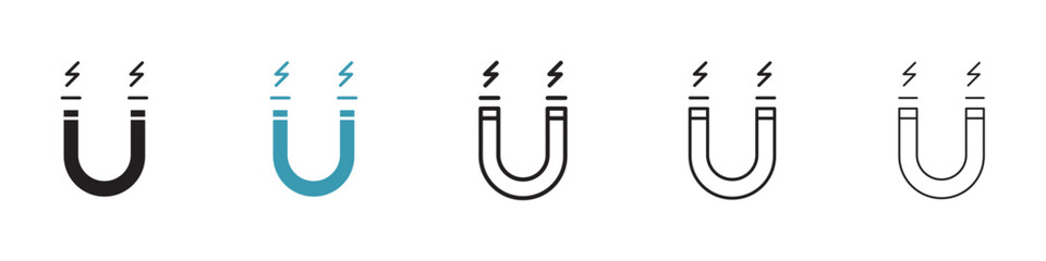 Horseshoe and Magnetic Attraction Icons. Physics and Electromagnetism Symbols - obrazy, fototapety, plakaty