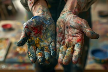 Fototapeta na wymiar A painter's hands are splattered with vibrant colors of blue, red, and yellow in a moment of creative expression