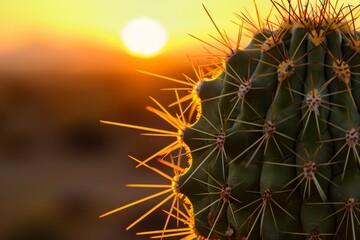 A close-up of a cactus with sharp spines is highlighted by the bokeh effect of the setting sun in the background