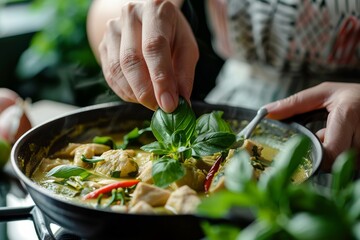 Chef's hands garnishing a freshly cooked Thai curry with green herbs in a pan, vibrant and appetizing
